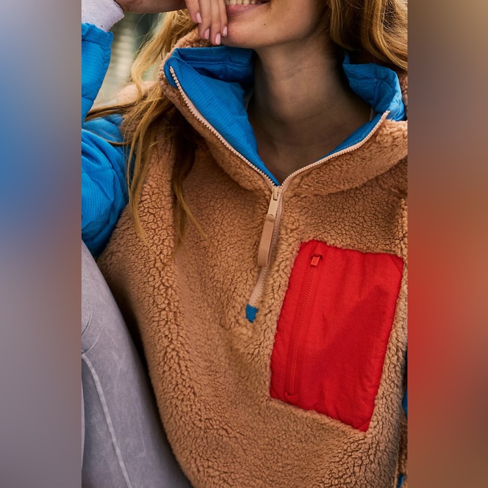 Free People Tan Sherpa Vest with Blue Sleeves & Red Pocket - Picture 5 of 8